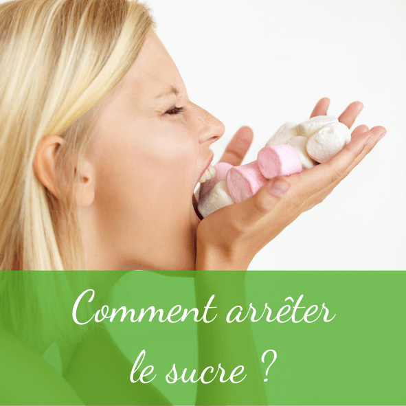 Image d'une femme blonde qui engloutie des bonbons. Des chamallows blancs et roses dégoulinent de ses mains vers sa bouche. En bas de l'image il 'y a un bandeau vert ou est écrit en blanc "comment arrêter le sucre".