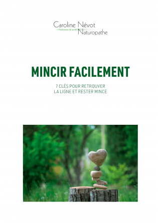 Couverture du livre de Caroline "Mincir Facilement" avec une photo de sculpture de pierre sur un tronc d'arbre dans une Forêt.